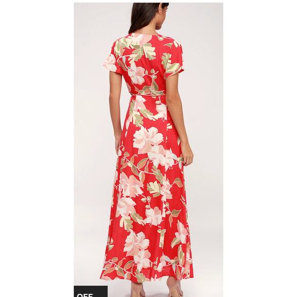 Lulus Dress Womens Small Red Heart of Marigold Red Tropical Print Wrap Maxi - Picture 3 of 13